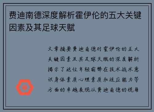 费迪南德深度解析霍伊伦的五大关键因素及其足球天赋