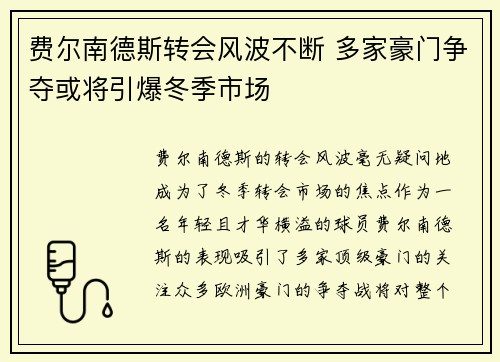 费尔南德斯转会风波不断 多家豪门争夺或将引爆冬季市场 费尔南德斯转会风波不断 多家豪门争夺或将引爆冬季市场