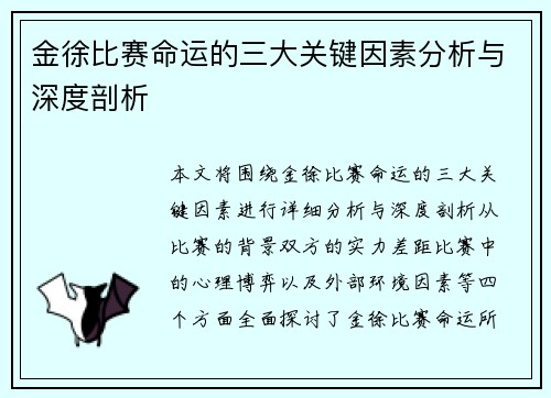 金徐比赛命运的三大关键因素分析与深度剖析