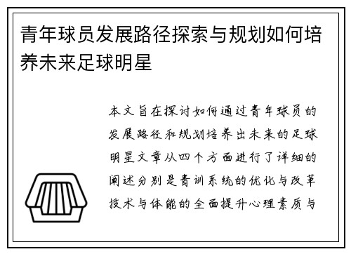 青年球员发展路径探索与规划如何培养未来足球明星