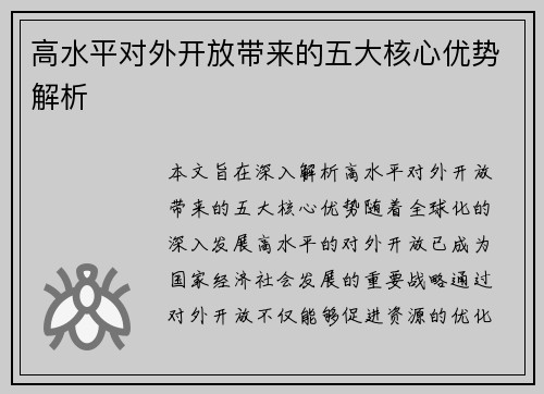高水平对外开放带来的五大核心优势解析 高水平对外开放带来的五大核心优势解析