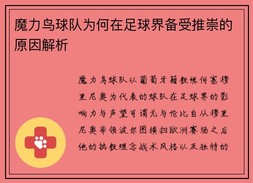 魔力鸟球队为何在足球界备受推崇的原因解析 魔力鸟球队为何在足球界备受推崇的原因解析